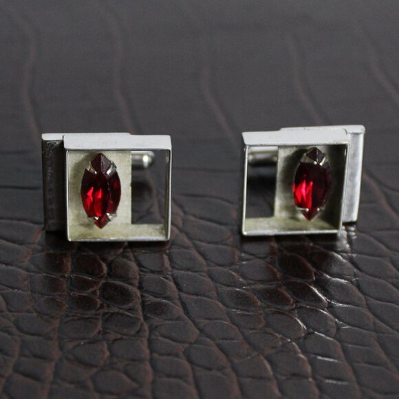 Vintage Red Marquise Cut Glass Cuff Links Silver Tone - Picture 7 of 8